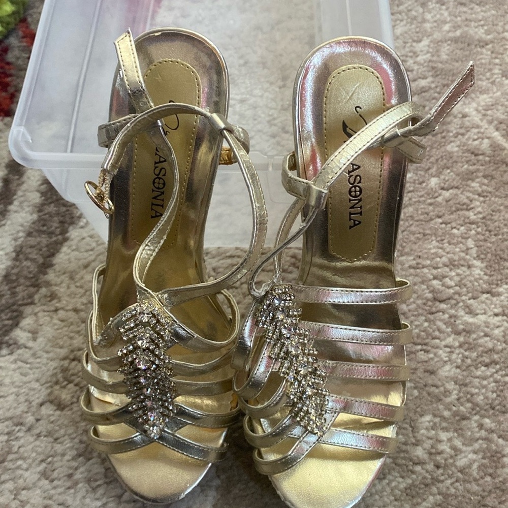 Lasonia Sandal High Heels Size 7 - Goldtone and Rhinestone